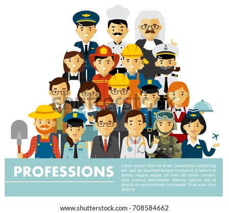 People occupation characters set in flat style isolated on white background. Different people professions characters standing together.