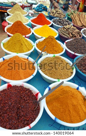 Various of Indian colorful powder spices on the market in India