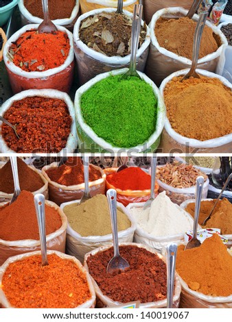 Various of Indian colorful powder spices on the market in India. Set of 2 photos.