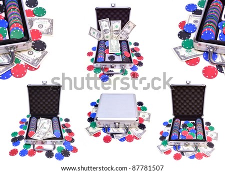 Open and closed poker metal case with chips and usa dollars banknotes isolated on white/Open and closed poker case and money/Poker case and money