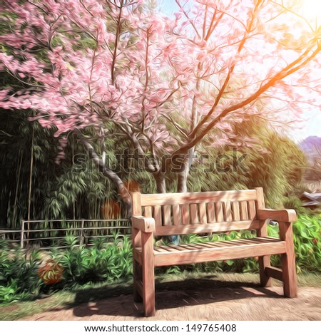 Tranquil garden bench under cherry blossom tree oil paint