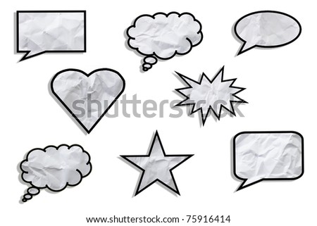 White crumpled Text bubble Paper on white background have shadow
