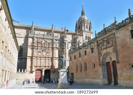Beautiful view of famous University of Salamanca, the oldest university in Spain and one of the oldest in Europe, in Salamanca, Castilla y Leon region, Spain