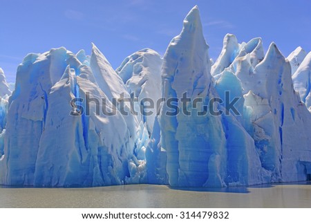 Ice Castles on a Sunny Day at the Grey Glacier in Torres del Paine National Park in Patagonian, Chile