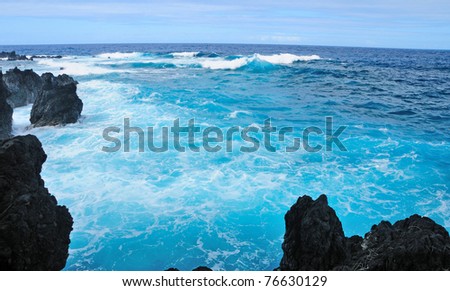 This picture is taken on the North Coast of the Big Island of Hawaii with waves crashing on the rocks