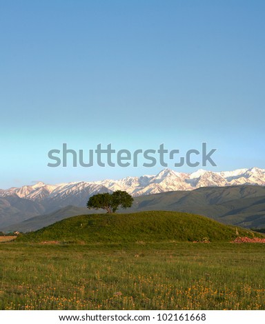 Panorama of  mountain, tree, sky  in Kazakhstan, Almaty, road in Issyk  Image at spring