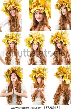 Beautiful fall woman. Collage of portrait of girl with  autumn wreath of maple leaves on the head on  isolated white background