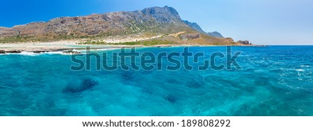Panorama of Balos beach. View from Gramvousa Island, Crete in Greece.Magical turquoise waters, lagoons, beaches of pure white sand.