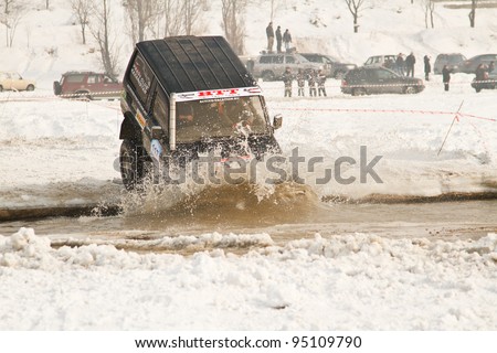 ALMATY, KAZAKHSTAN - FEBRUARY 11: Off-road vehicle JEEP (No. 10) 4x4  during festival, devoted to 20 Th anniversary of independence of Kazakhstan on FEBRUARY 11, 2012 in Almaty, Kazakhstan