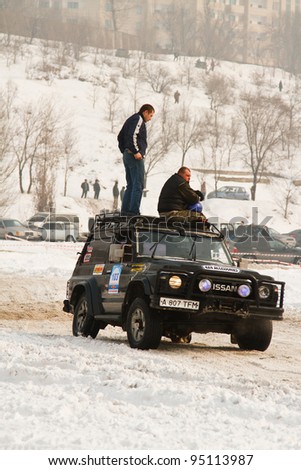 ALMATY, KAZAKHSTAN - FEBRUARY 11: Off-road vehicle JEEP (No. 10) 4x4  during festival, devoted to 20 Th anniversary of independence of Kazakhstan on FEBRUARY 11, 2012 in Almaty, Kazakhstan