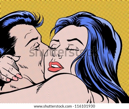 comic pop art illustration of lovers in passion