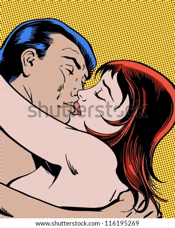comic pop art illustration passionate embrace and kiss
