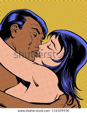 comic pop art illustration of couple in passionate kiss