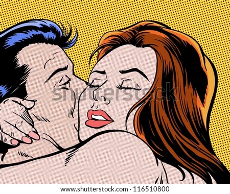 comic pop art illustration of couple in romantic hug embrace