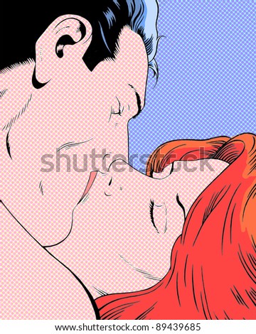 Comic pop art romantic couple kissing