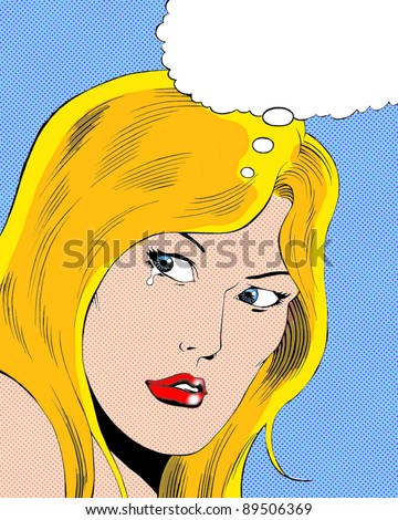Comic pop art illustration of a broken hearted blonde