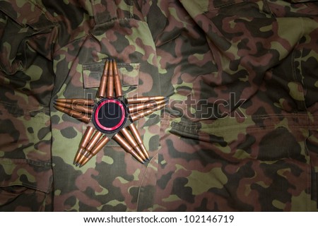 Rifle cartridge laying on camouflage around empty military emblem.