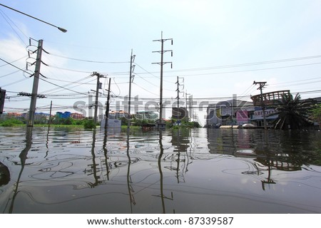 PRATHUMTHANI, THAILAND - OCT 23 : flooded street after flood disaster in Nava nakorn, Patumtana, Thailand on October 23, 2011.