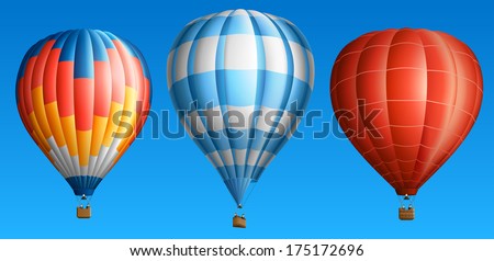 Hot air balloons, isolated on blue, set one, EPS 10, contains transparency.