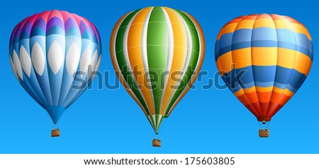 Hot air balloons, isolated on blue, set two, EPS 10, contains transparency.