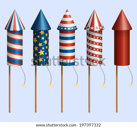 Set of pyrotechnic rockets, with design for fourth of July, and other holidays, EPS 10 contains transparency.