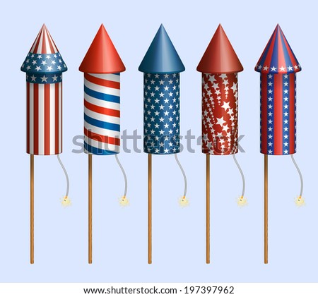 Set of pyrotechnic rockets, with design for fourth of July, and other holidays, EPS 10 contains transparency.