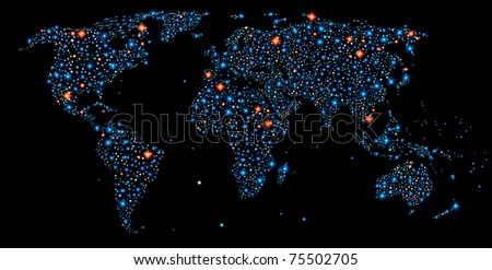 World map made out  with stars of different sizes and brightness.