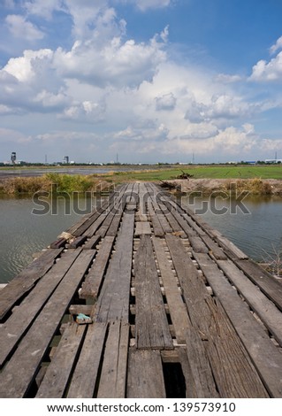 Landscape of wood bridge with field and sky in the background