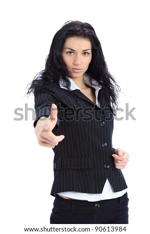Young business woman point finger at you looking at camera. Isolated on white background