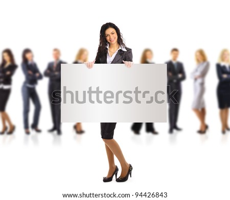 Business woman and group holding a banner ad, full length portrait isolated on white background.