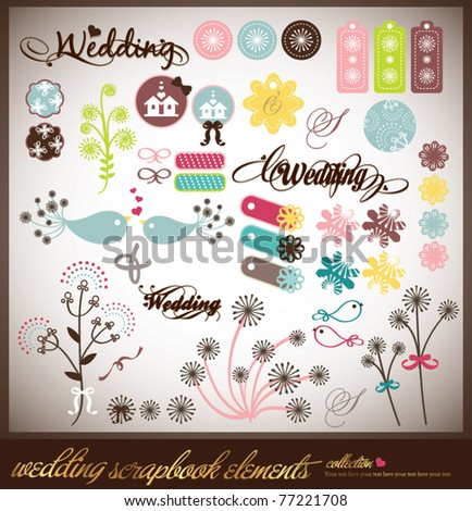 stock vector set of wedding scrap book or sticker collection