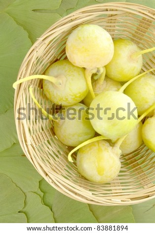 ginkgo fruits in a basket on dry ginkgo leaves