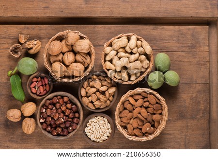 Assorted nuts (walnut,  almond, peanut, pine nuts, hazelnut) in a wooden bowls and baskets