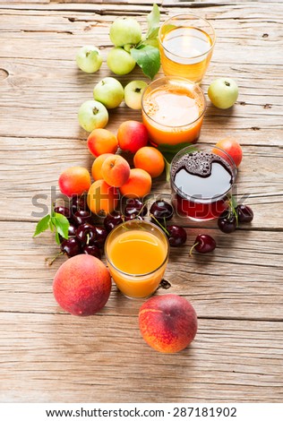Assortment of organic fruits (apples, cherries, apricots, and peaches) and juices on a old wooden planks. Selective focus is on the glass of cherry juice.