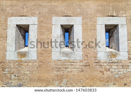 Detail of gun ports in fortification system Palatine line in Slovakia city Komarno , which covered gun fire from different directions to help defend bastion , which did hold out any hostile army.