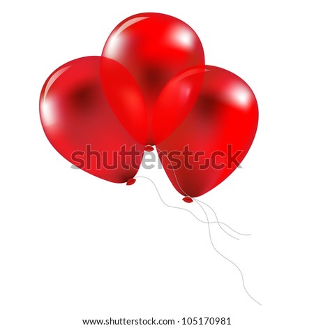 3 Party Red Balloons, Isolated On White Background
