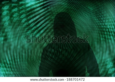 Silhouette of a hacker with binary codes