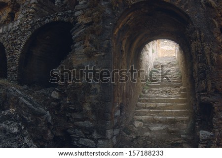 Mystic view of old stony ladder in the medieval castle