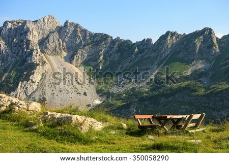Perfect place for breakfast in mountains, national park Durmitor, Montenegro