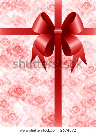 Present with red bow packed in decorative paper with roses