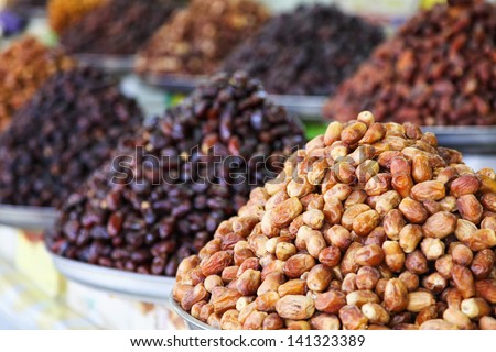 A display of dates in a Spice souk, Dubai, United Arab Emirates