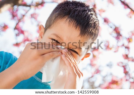 The sneezing little boy with having spring allergy