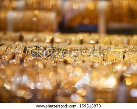 Gold Bangles In A Dubai Gold Souk. United Arab Emirates