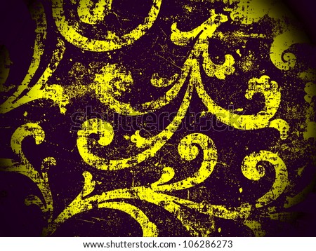 Geometric, abstract, vintage, retro, grungy, arabesque ornamented tile in purple and yellow. Good for islamic, arabian, middle east, scrapbooking, damask, emo, halloween, abstract or interior design.