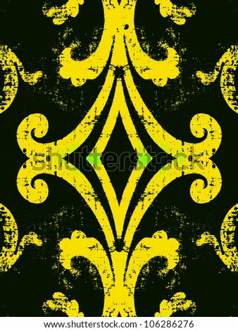 Geometric, abstract, vintage, retro, grungy, arabesque ornamented tile in black and yellow. Good for islamic, arabian, middle east, scrapbooking, damask, emo, halloween, abstract or interior design.