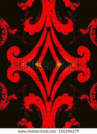 Geometric, abstract, vintage, retro, grungy, arabesque ornamented tile in black and neon red. Good for islamic, arabian, middle east, scrapbooking, damask, emo, halloween, abstract or interior design.