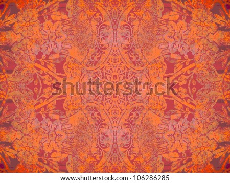 Geometric, abstract, vintage, retro, grungy, arabesque ornamented tile in orange and purple. Good for islamic, arabian, middle east, scrapbooking, damask, abstract or interior design.