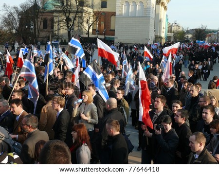 WARSAW - APRIL 16: March of protest on April 16, 2011 in Warsaw, Poland. Conservatives supporting Janusz Korwin Mikke gathered to protest against tax increase & policy of current government.
