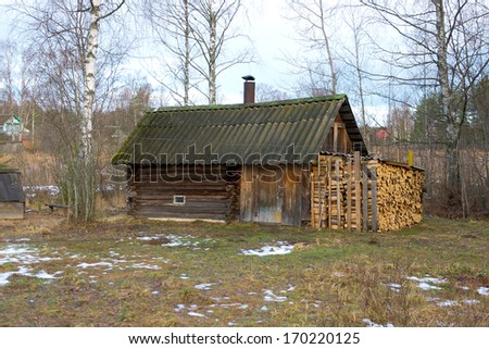 old wooden rustic Russian bath. horizontal photo.