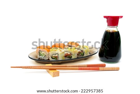 Japanese rolls on a plate with soy sauce and chopsticks on a white background. horizontal photo.